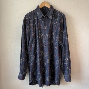 Ike Behar Embroidered Floral Resort Vacation Long Sleeve Button Shirt Blue Mns L